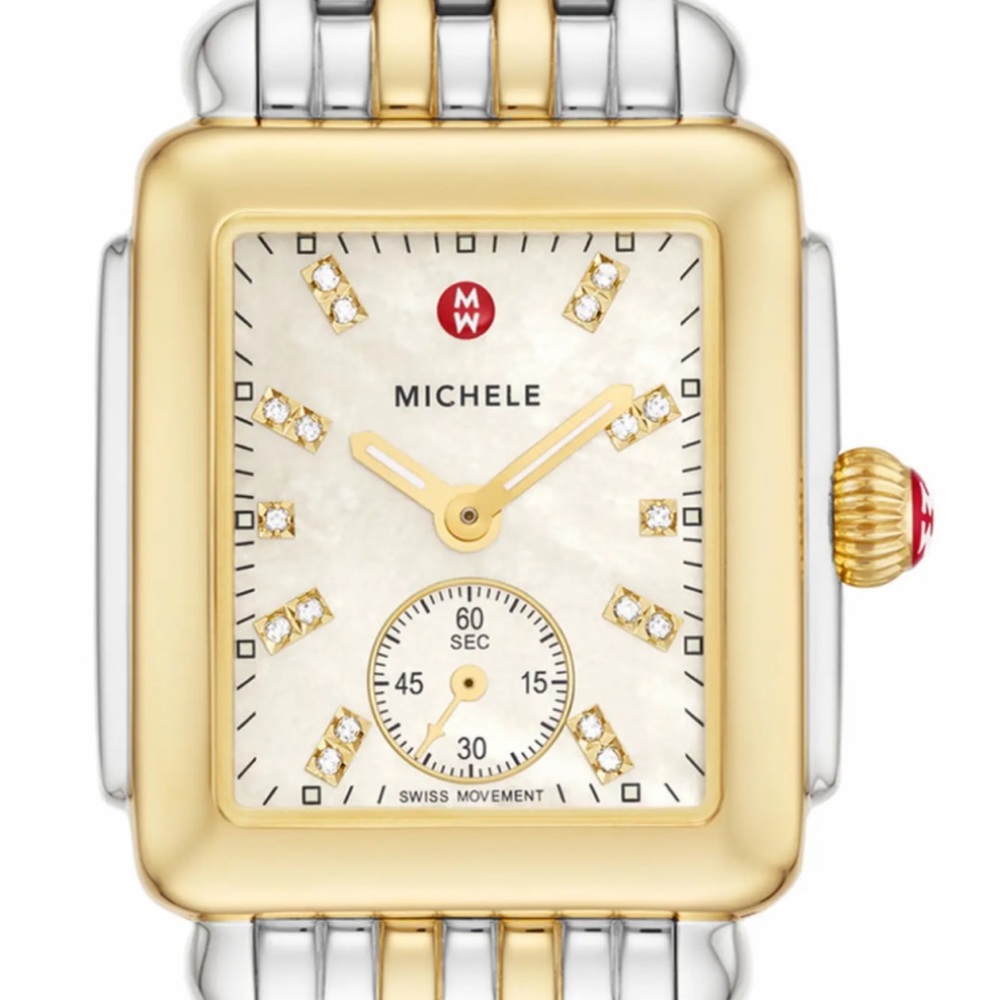 Eighteen diamonds mark the hours watch featuring a mother-of-pearl dial.